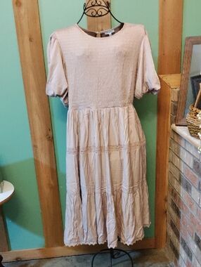 Polagram Blush Pink Beige Smocked Midi Dress